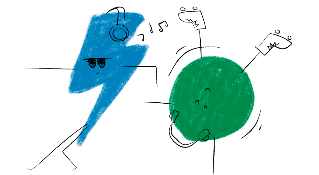 To tegnede figurer, et blåt lyn og en grøn cirkel, bevæger sig