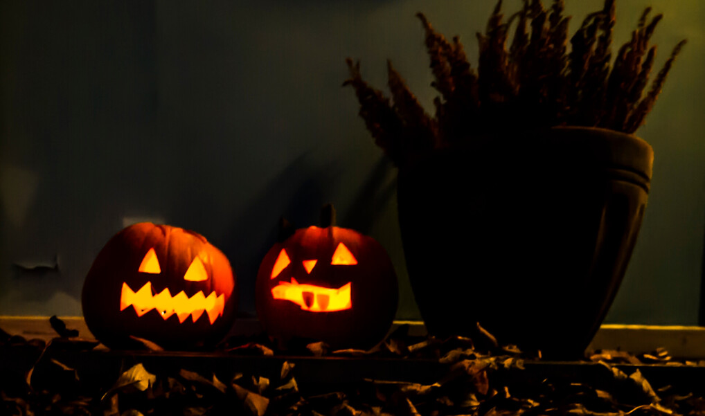 To græskarlanterner står udenfor i mørket