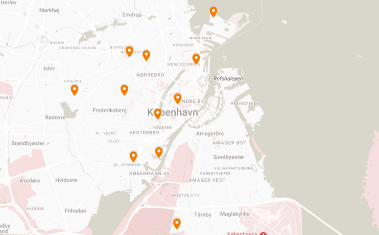 A map showing the churches where Folkekirken for Internationals have events and activities