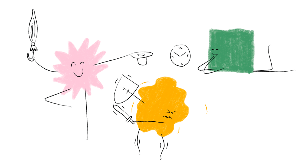 Teaterleg - tre søde figurer tre tegnede figurer står farverige ved siden af en rød firkant