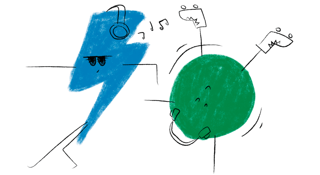 Akrobeat-figurer En tegning af et blåt lyn med solbriller og en grøn kugle på rulleskøjter