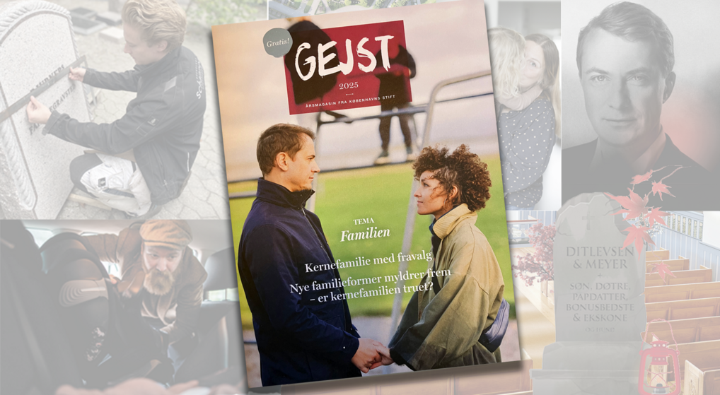 Forside af magasinet Gejst foran en collage af billeder fra artiklerne i bladet