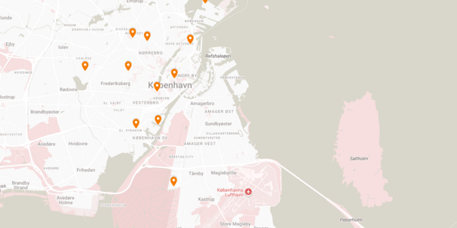 A map showing the churches where Folkekirken for Internationals have events and activities