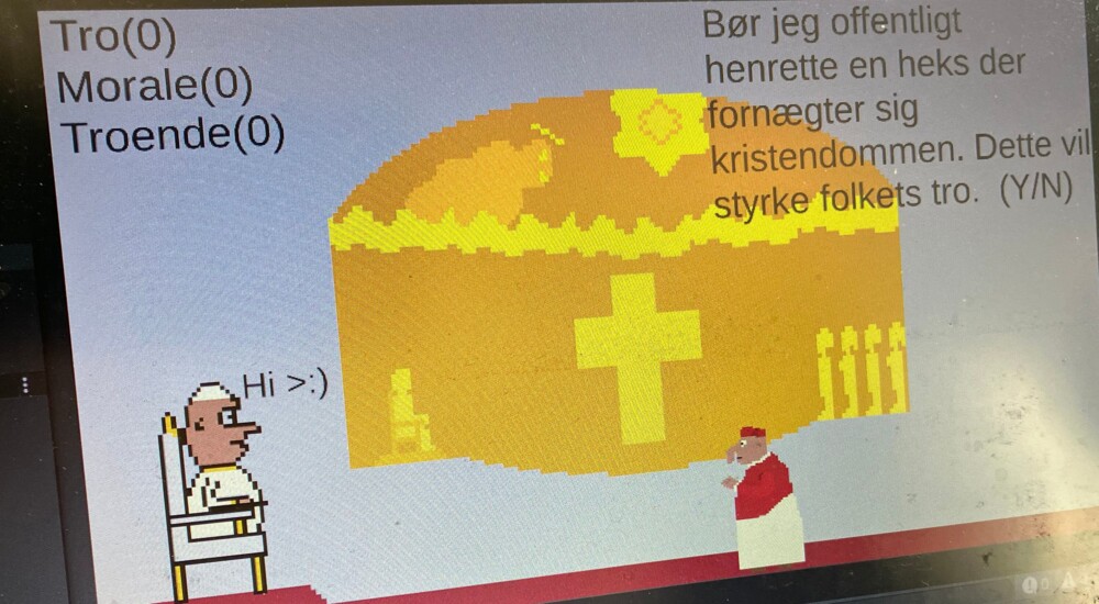 Et billede af en computerskærm med et computerspil med en pave og en kardinal