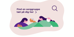 En grafik med mennesker, der omfavner og en tekst, der siger "Find en sorggruppe tæt på dig her"